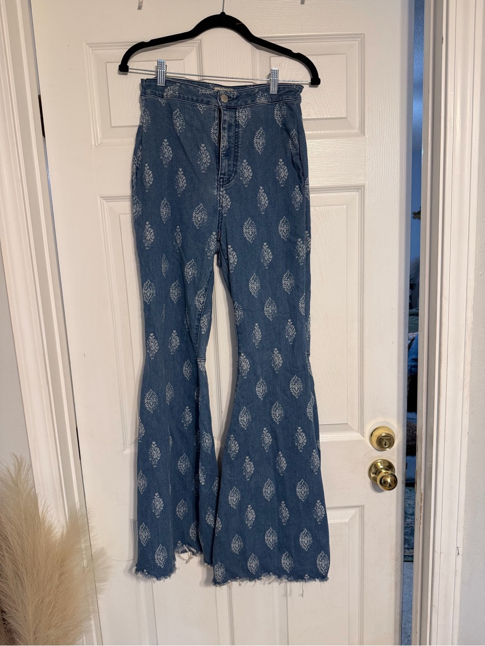 Free People Blue Printed High-Rise Flare Jeans
